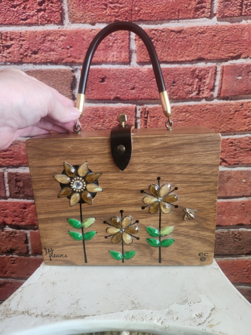 Vintage Enid Collins Brown Wood Mini Bag with Floral Inlay